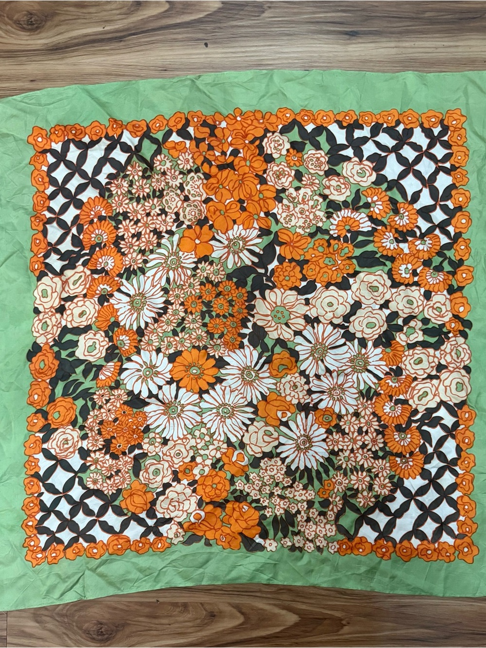Vintage 70s Mod Floral Scarf Sage Green Orange Daisy Trellis Square Bandana